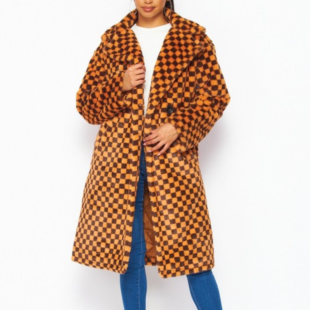 Women's Fuzzy Feelings Checkered Print Faux Fur Teddy Coat